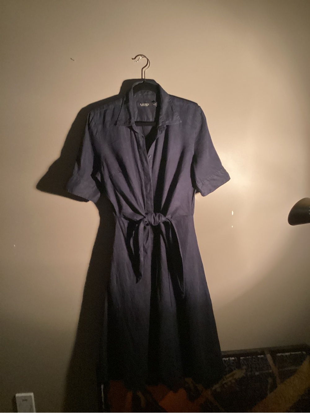 Lauren Ralph Lauren Navy Button-Front Midi Shirt Dress with Tie Waist